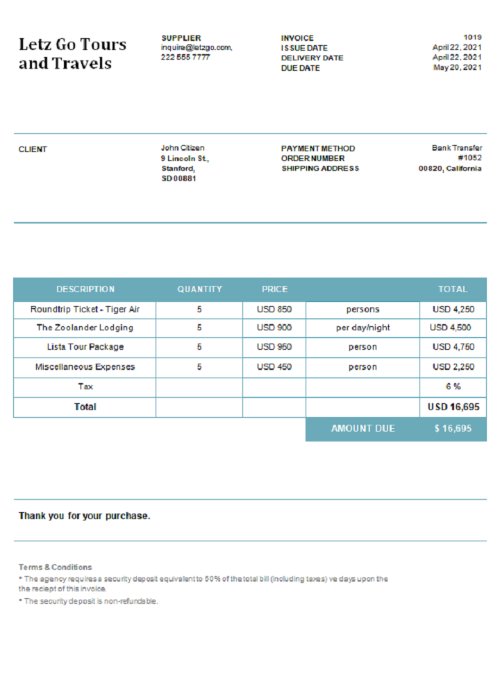 USA Letz Go Tours and Travels invoice PSD template